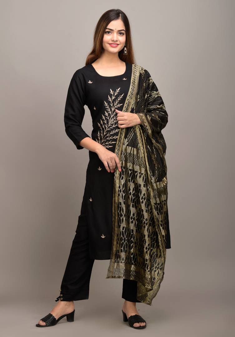 Women Rayon Embroidery Work Black Kurta Pant With Dupatta Set